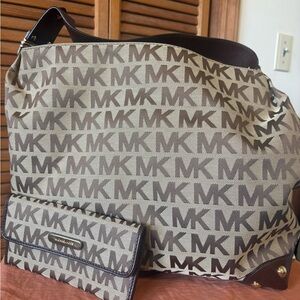 Michael Kors Beige and Brown MK Logo Tote with Matching Wallet